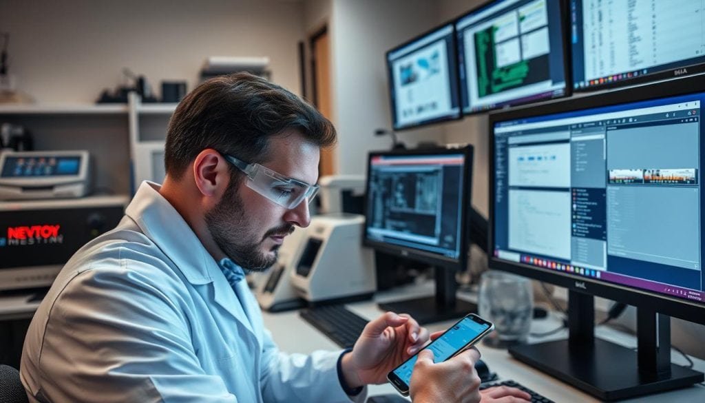 Digital forensic analyst examining smartphone data with specialized equipment
