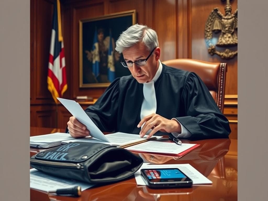 Judge reviewing phone search warrant application with digital evidence