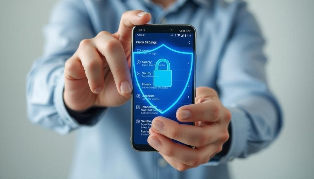 Person implementing security measures on smartphone with privacy shield
