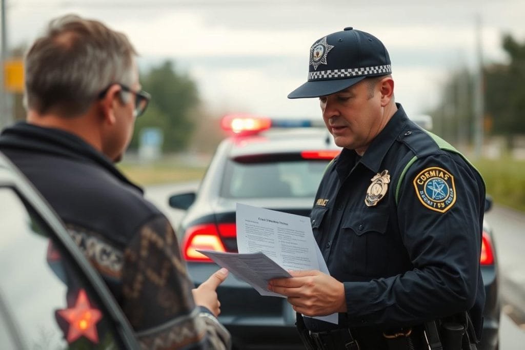 Police officer explaining consent form to civilian during traffic stop